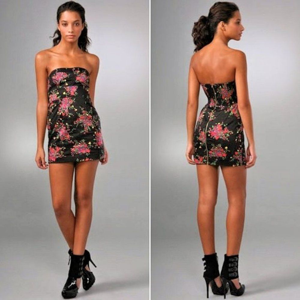 Free People Strapless Mini Dress Poison Apple Summer Floral Black Size 4